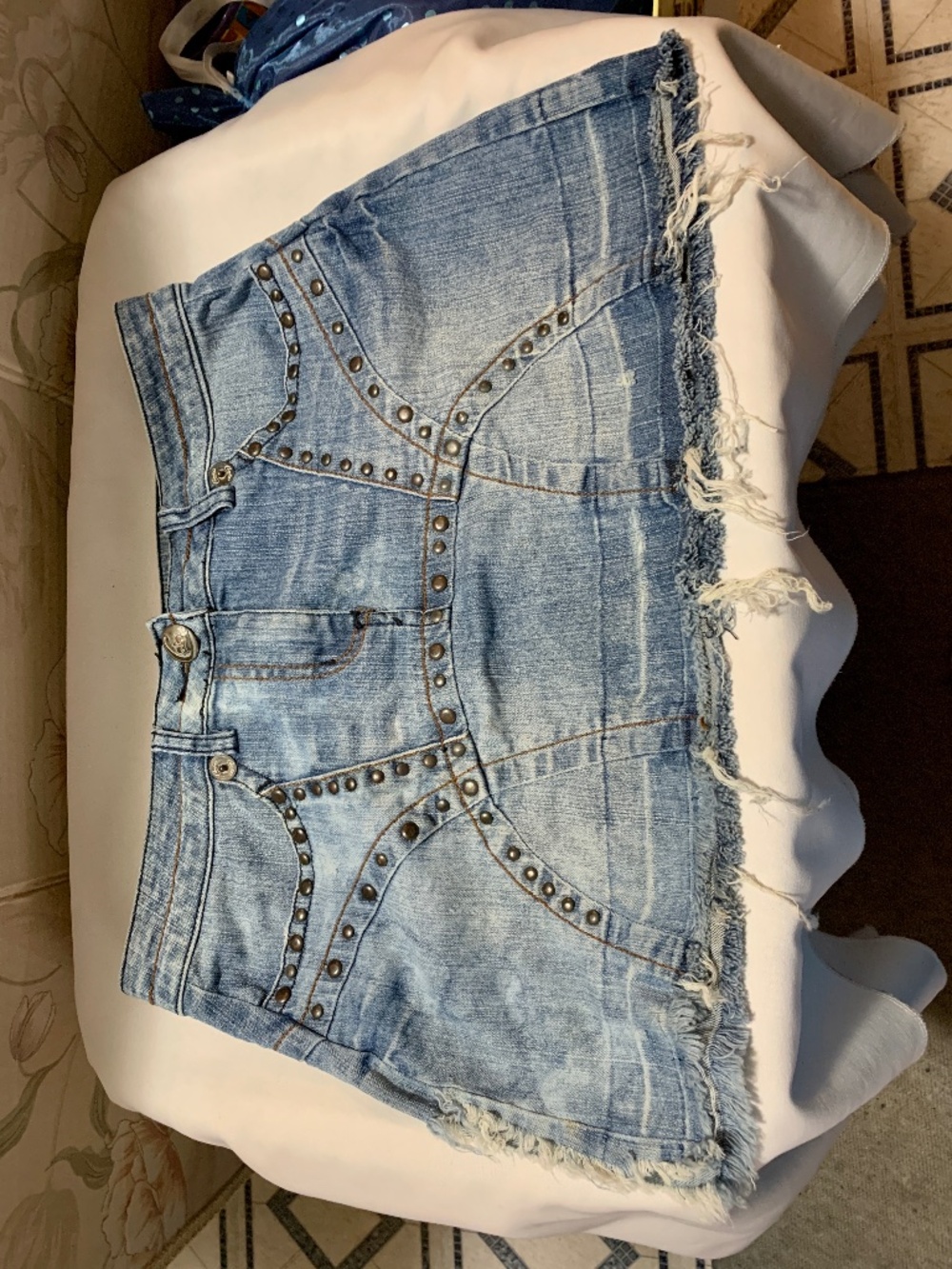 Candie's Denim Mini Skirt Studded Front & Pockets One Side Slit Raw Hem - Size 9